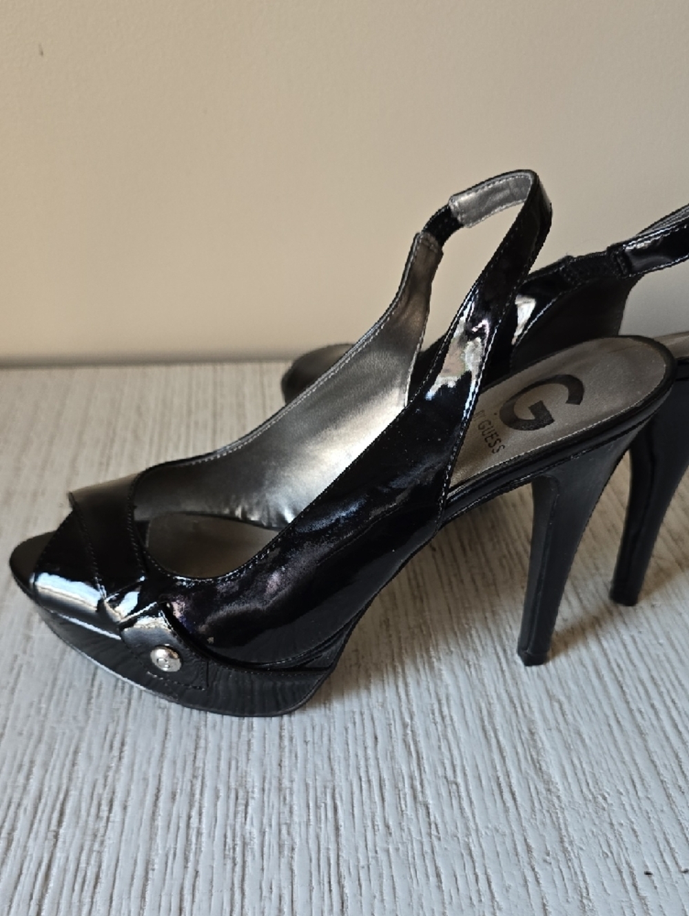 G by Guess Black Patent Peep-Toe Slingback Wedges - Picture 3 of 10
